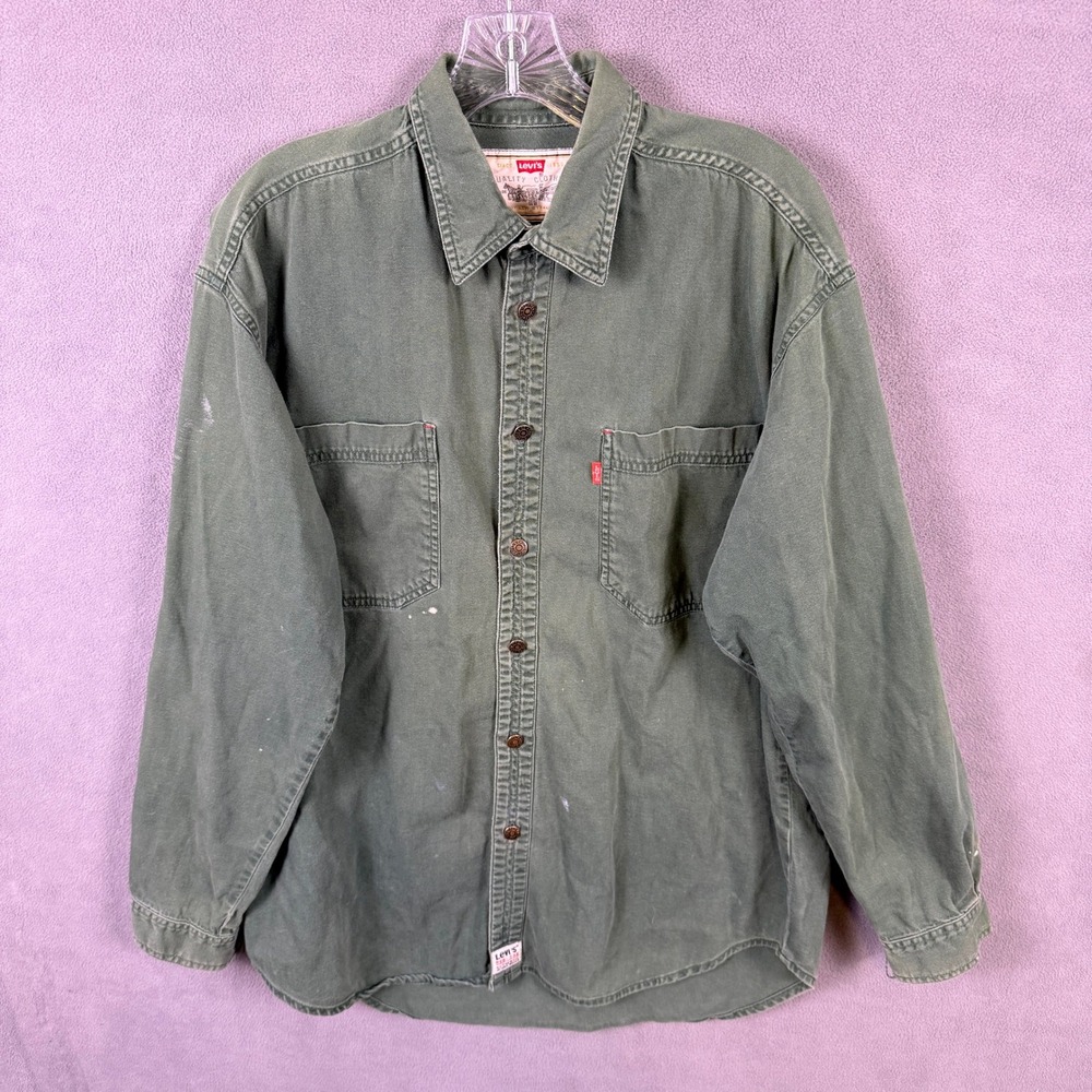 VTG Levis Button Down Shirt Mens M Green Denim Twill Workwear Distressed Y2K